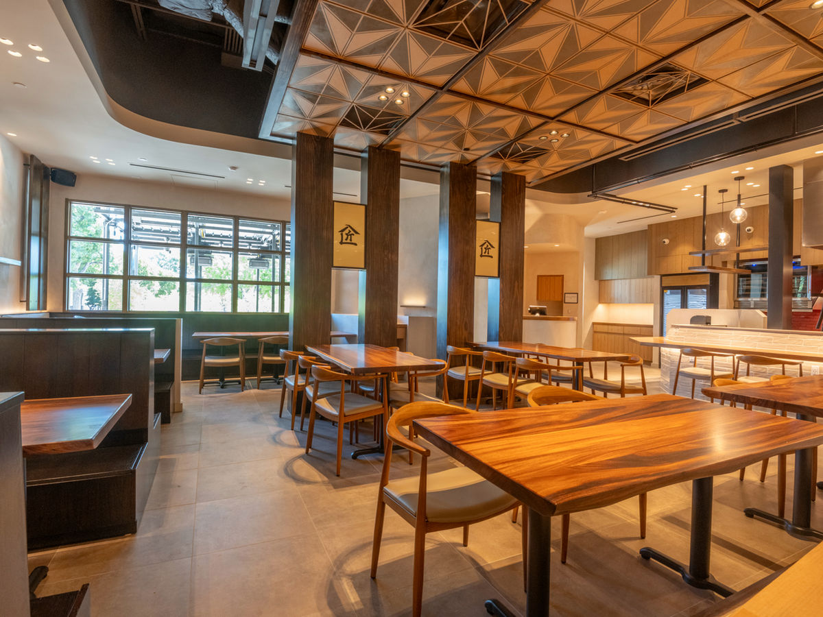 Restaurant interior with custom wood columns and millwork